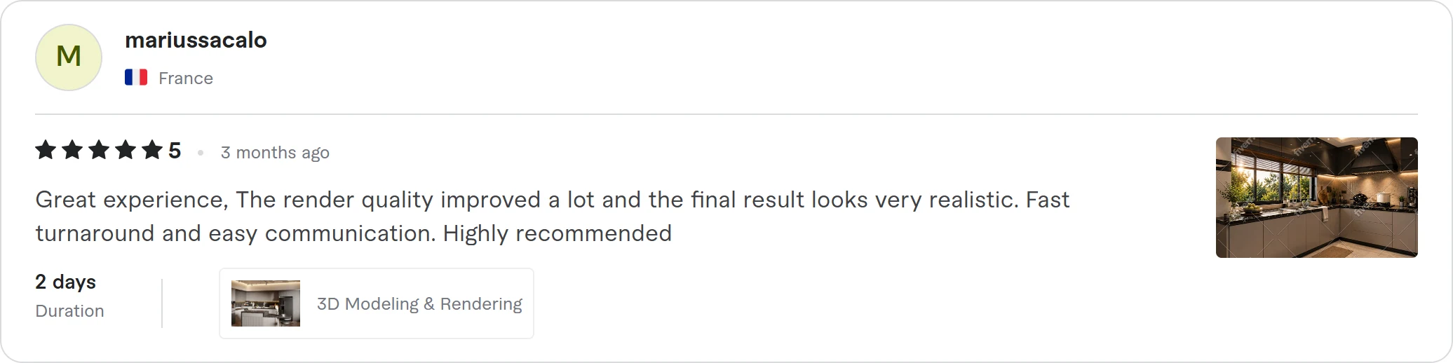 Verified 5-star client review of Saud Visuals on Fiverr