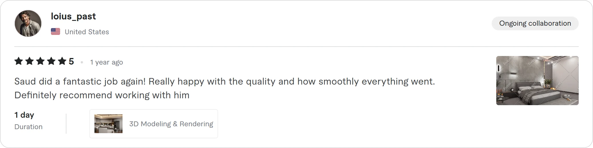 Verified 5-star client review of Saud Visuals on Fiverr