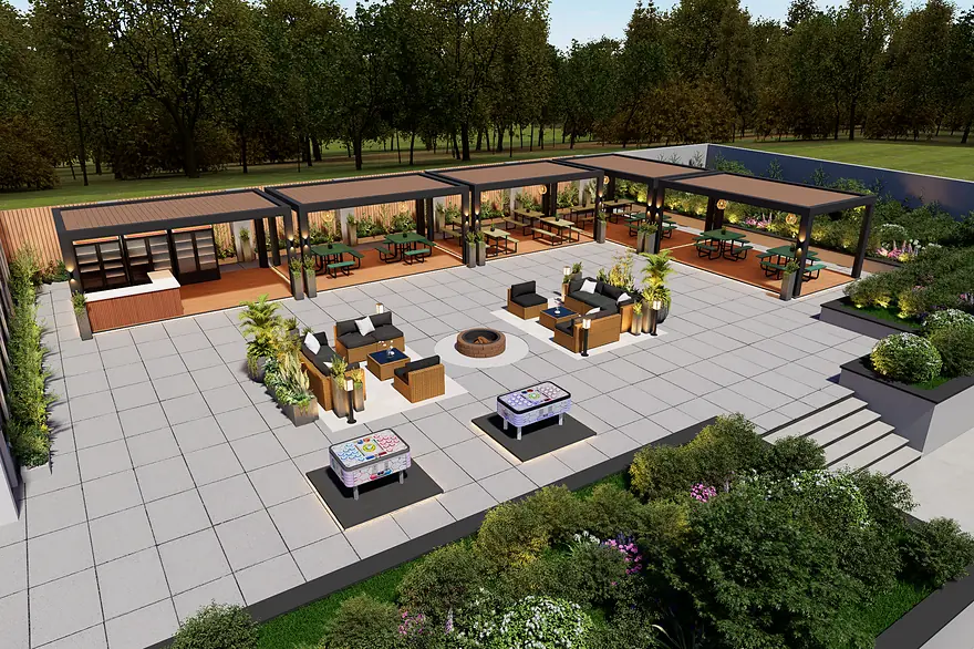 Courtyard Social Deck, Landscape & outdoor amenity, USA: 3D render by Saud Visuals