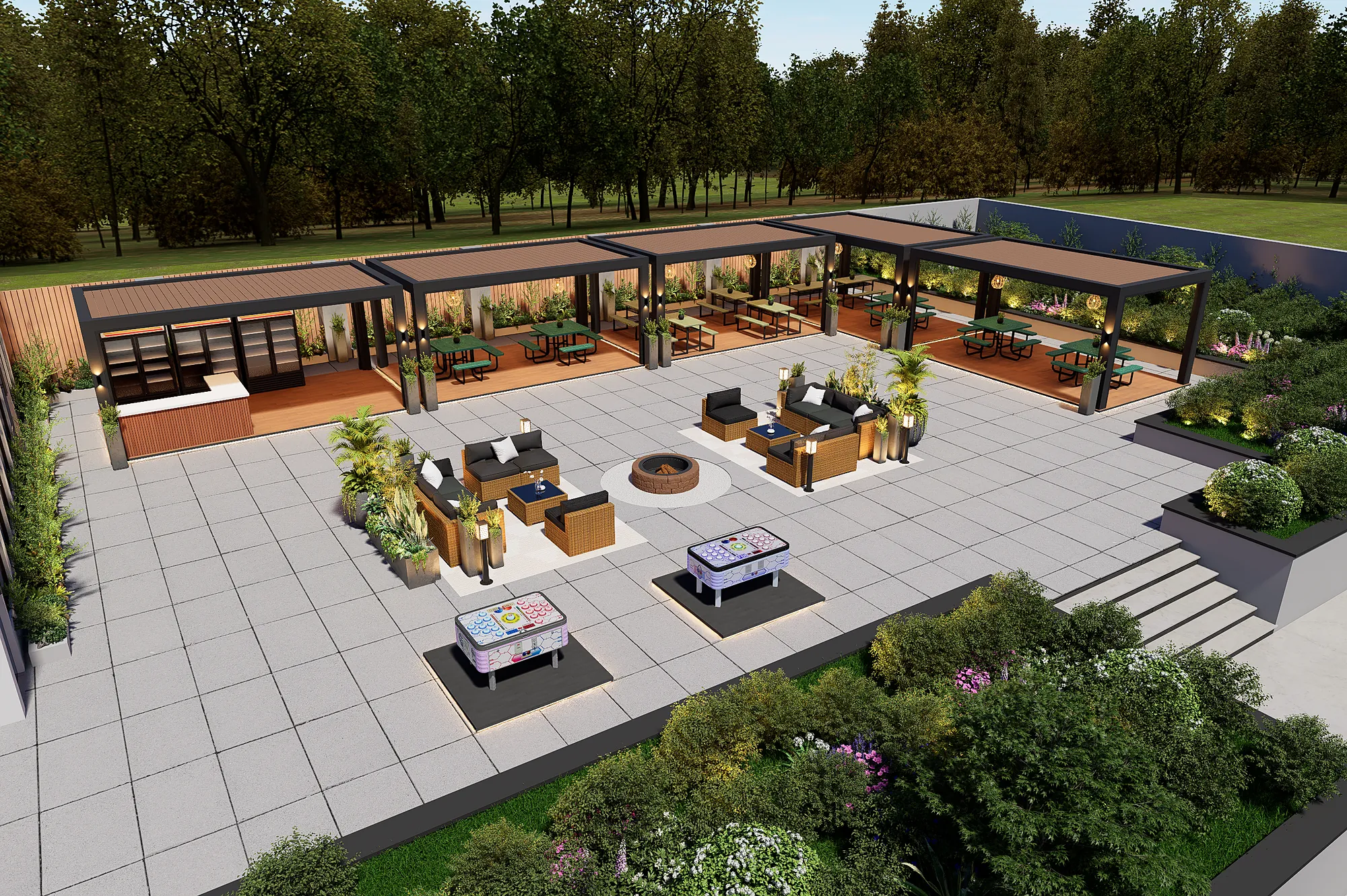 Courtyard amenity deck by day: pergolas, lounge and fire pit