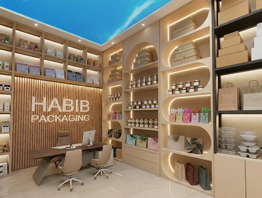 Habib Packaging Showroom, Retail interior, Pakistan: 3D render by Saud Visuals