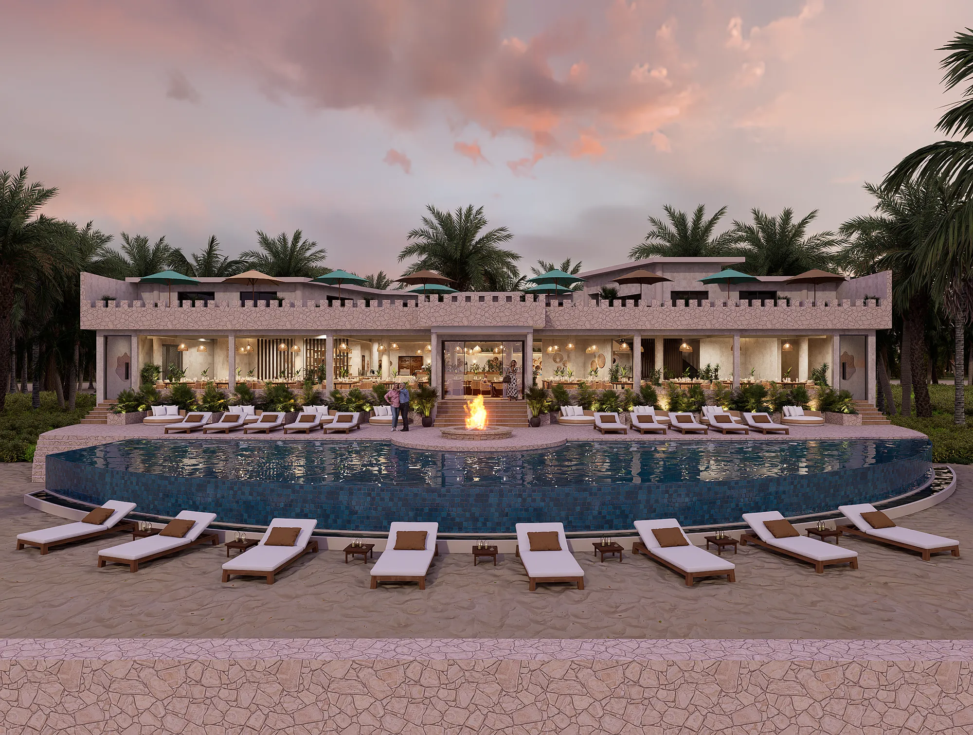 Raha Resort oceanfront restaurant and infinity pool at sunset, 3D visualization by Saud Visuals